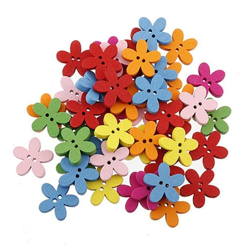 ROSENICE 100Pcs Colorful Flower Flatback Wooden Buttons, 0.59 Inch for Sewing Scrapbooking Crafts Unique Decorative Embellishments for DIY Projects - Image 1